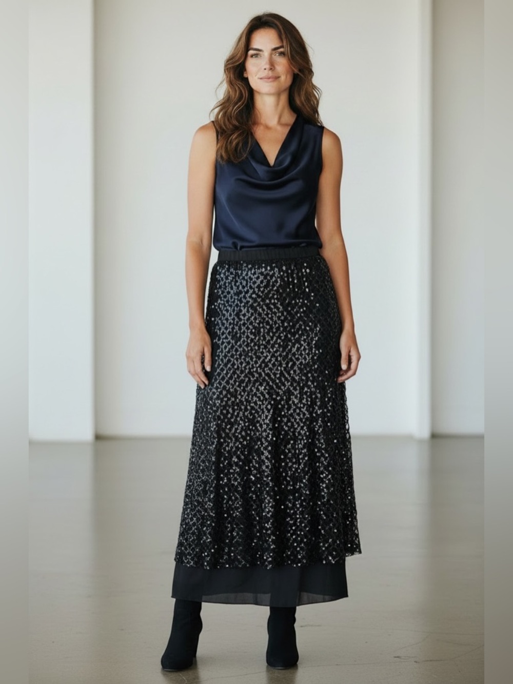 Anthropologie Black Mesh-Overlay Midi Slip Skirt